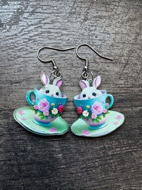 Cute Bunny in Teacup Dangle Earrings - Mint & Pink